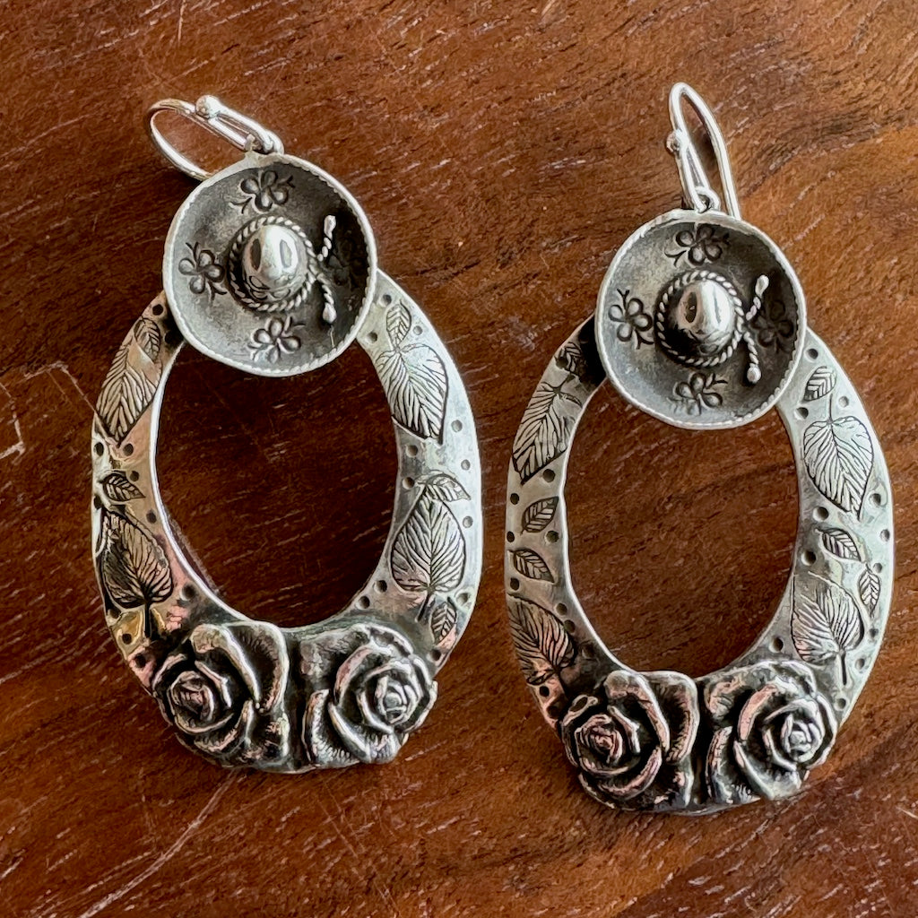 Large Sterling Silver Hoops w/ Sombrero & Roses Earrings Margaret Sullivan