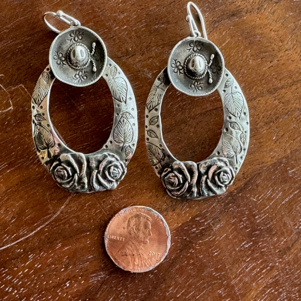 Large Sterling Silver Hoops w/ Sombrero & Roses Earrings Margaret Sullivan